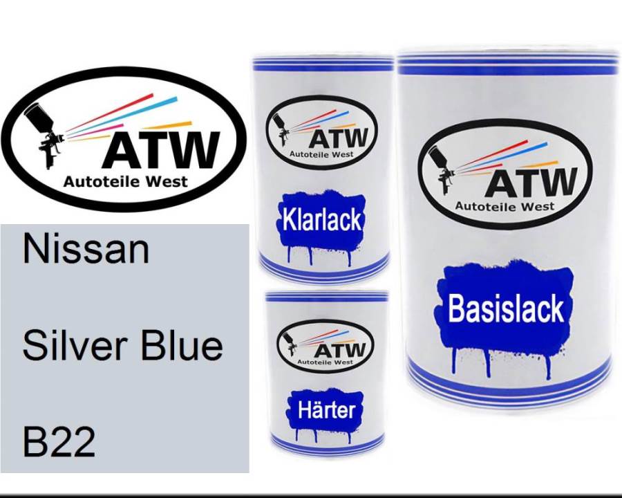 Nissan, Silver Blue, B22: 500ml Lackdose + 500ml Klarlack + 250ml Härter - Set, von ATW Autoteile West.